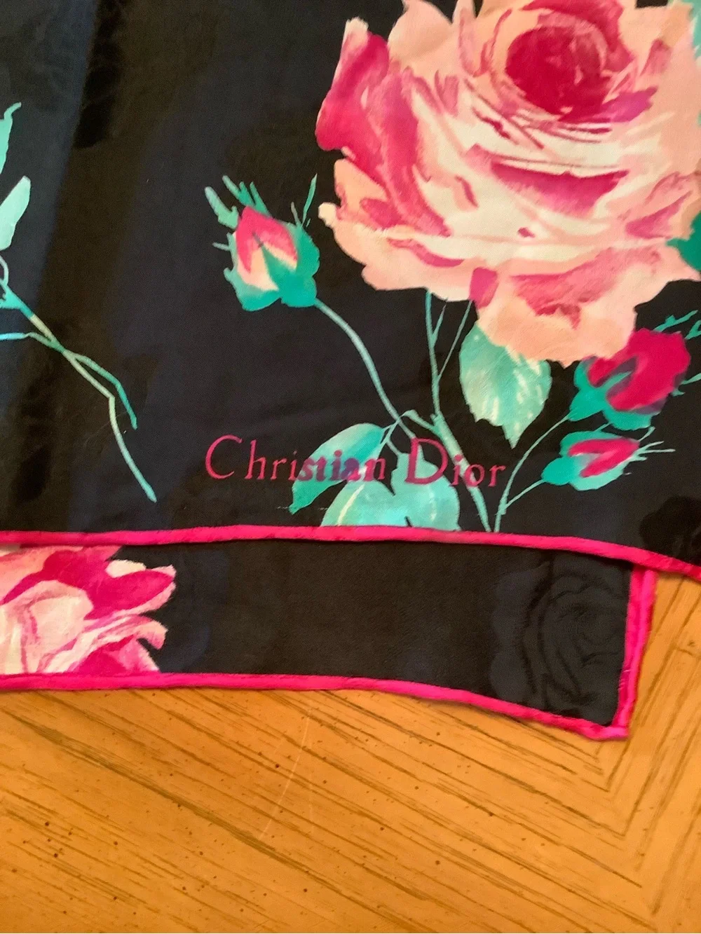 Dior Silk Floral Scarf in Black, Pink & Aqua. 36”